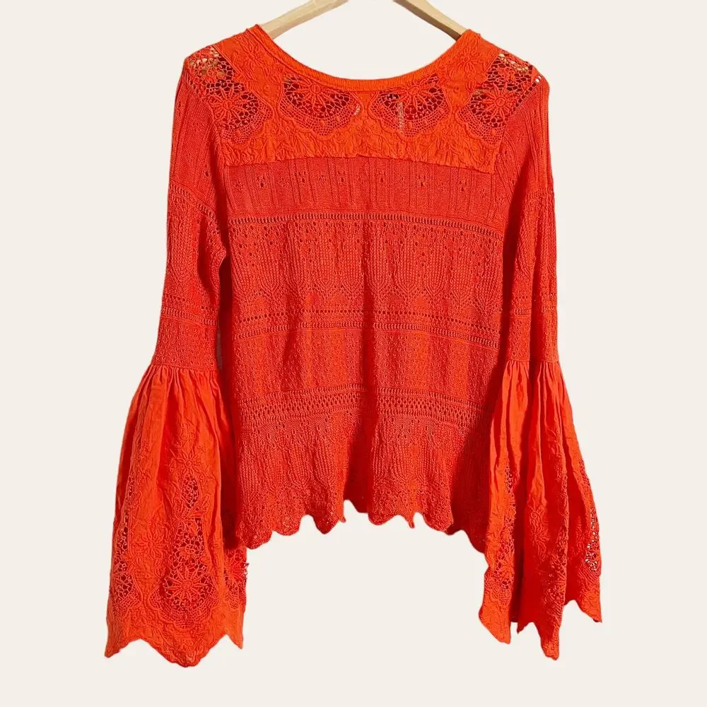 Free People Red Once Upon A Time Linen Crochet Bell Sleeve Top Size M